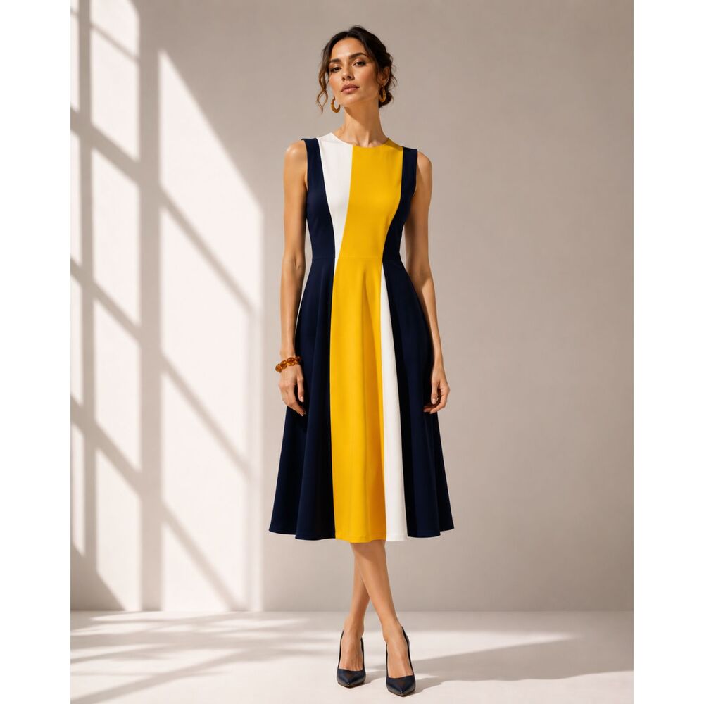 NWT. CH Carolina Herrera Colorblock Sleeveless A Line Midi Dress Sz 0 yellow
